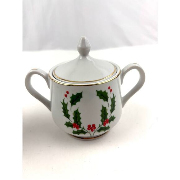 VTG Christmas Holly Fine Porcelain Creamer Sugar Bowl Set 1980s Japan 3pc - Picture 8 of 12